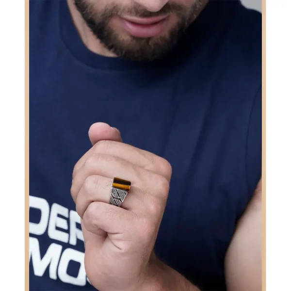 انگشتر نقره مردانه مدل سنگ قهوه ای