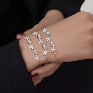 دستبند نقره زنانه طرح گل و پروانه