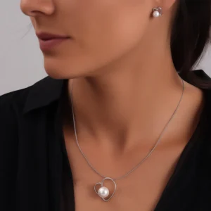 نیم ست نقره اصل 925 طرح قلب مروارید دار