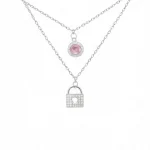گردنبند نقره دخترانه 925 اصل مدل قفل و نگین صورتی دو رج