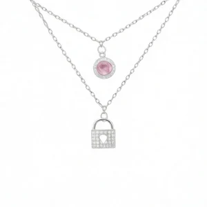 گردنبند نقره دخترانه 925 اصل مدل قفل و نگین صورتی دو رج