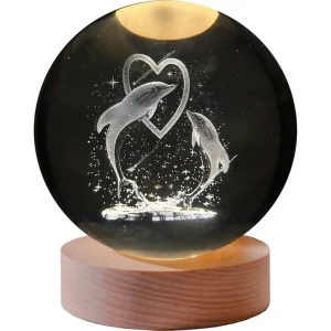 چراغ خواب رومیزی گوی شیشه‌ای طرح دلفین و قلب