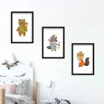 تابلو سه تایی کودکانه طرح حیوانات جنگل مشکی