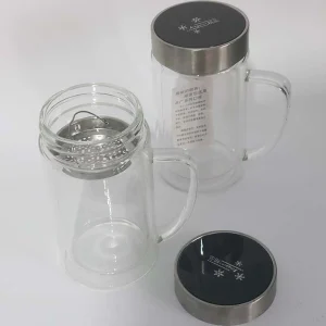 لیوان دمنوش دو جداره پیرکس با درب استیل 400 میلی لیتر