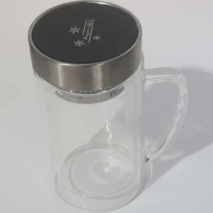 لیوان دمنوش دو جداره پیرکس با درب استیل 400 میلی لیتر