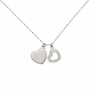 گردنبند نقره اصل دو قلب نگیندار طرح نوشته‌ی Friends forever