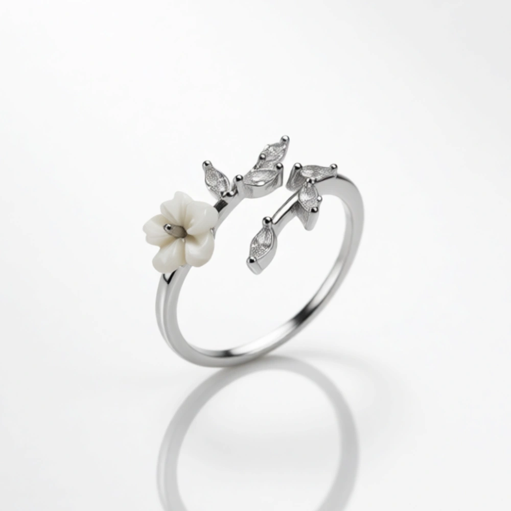 انگشتر نقره فری سایز مدل گل صدفی و برگ انگشتر نقره فری سایز مدل گل صدفی و برگ